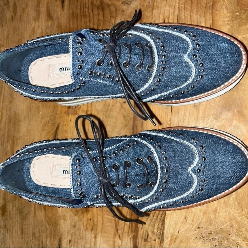 Miu Miu RARE DENIM PLATFORM Studded Wingtip Oxfords SNEAKERS  SHOES 7.5
